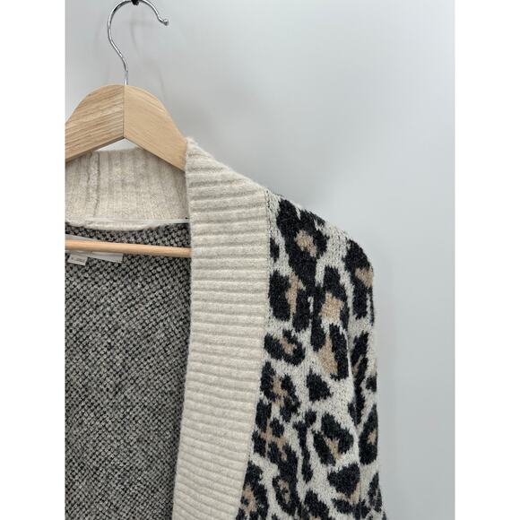 LOFT Sweater Women SMALL Cream Leopard Print Open Knit Wool Blend Cardigan - Picture 5 of 10